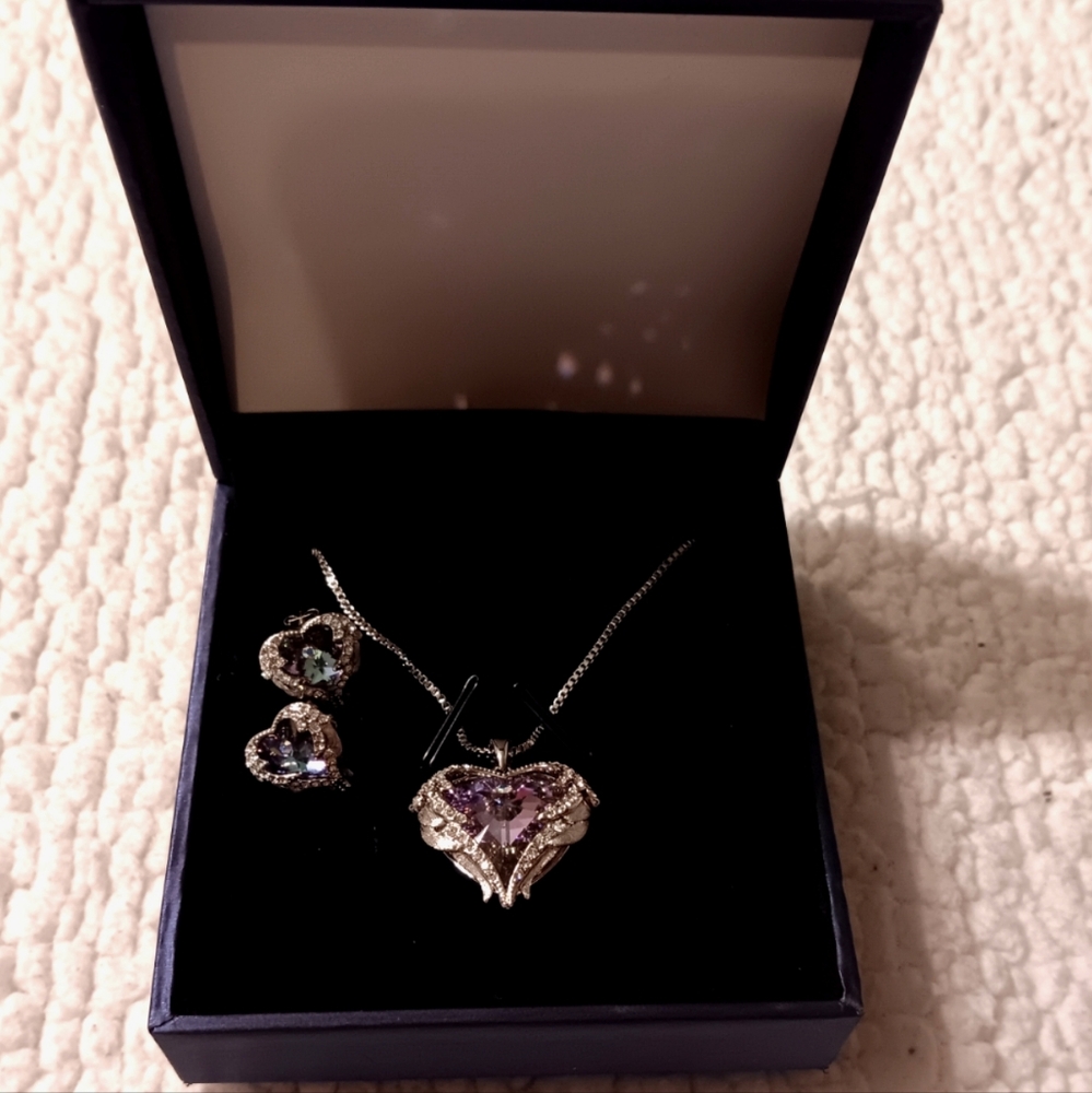 Wing wrapped heart earring and necklace set